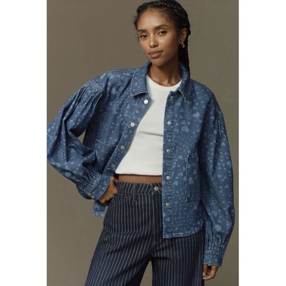 Anthropologie Avec Les Filles Heart Denim Shirt Jacket Sz XS Medium Blue - Picture 1 of 9